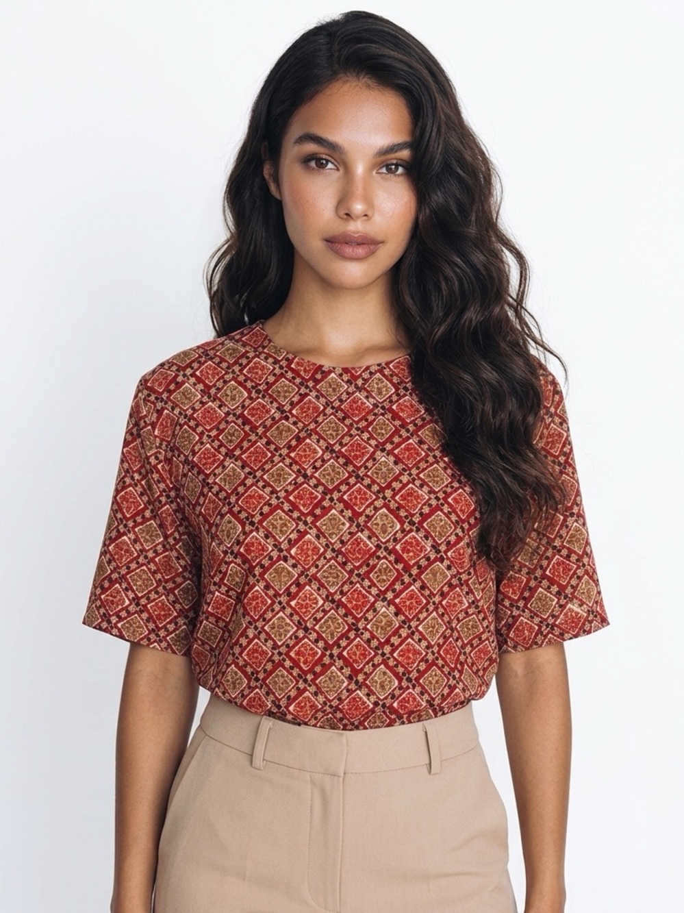 Geometric Red and Cream Women's Top